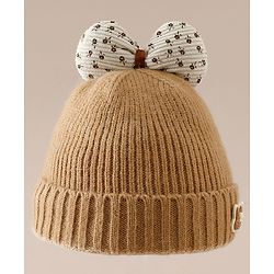 Babyhug Woollen Cap with Bow Applique in Off White - Diameter 15.5 cm