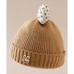 Babyhug Woollen Cap with Bow Applique in Off White - Diameter 15.5 cm