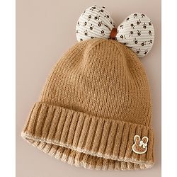 Babyhug Woollen Cap with Bow Applique in Off White - Diameter 15.5 cm