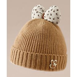 Babyhug Woollen Cap with Bow Applique in Off White - Diameter 15.5 cm
