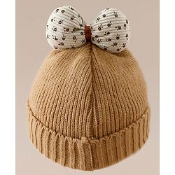 Babyhug Woollen Cap with Bow Applique in Off White - Diameter 15.5 cm