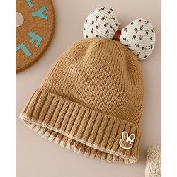 Babyhug Woollen Cap with Bow Applique in Off White - Diameter 15.5 cm