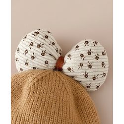 Babyhug Woollen Cap with Bow Applique in Off White - Diameter 15.5 cm