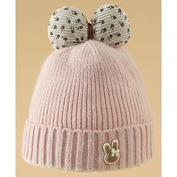 Babyhug Woollen Cap with Bow Applique in Off White - Diameter 15.5 cm