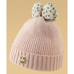 Babyhug Woollen Cap with Bow Applique in Off White - Diameter 15.5 cm
