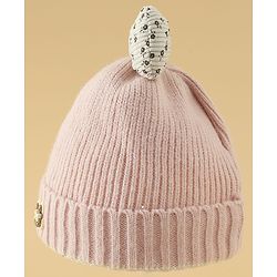 Babyhug Woollen Cap with Bow Applique in Off White - Diameter 15.5 cm