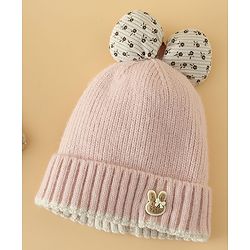 Babyhug Woollen Cap with Bow Applique in Off White - Diameter 15.5 cm