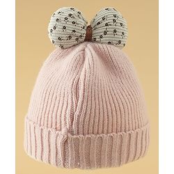 Babyhug Woollen Cap with Bow Applique in Off White - Diameter 15.5 cm