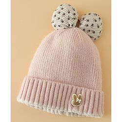 Babyhug Woollen Cap with Bow Applique in Off White - Diameter 15.5 cm