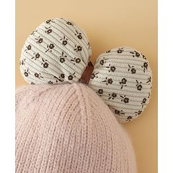 Babyhug Woollen Cap with Bow Applique in Off White - Diameter 15.5 cm