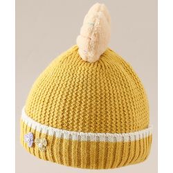 Babyhug Woollen Cap With Floral Applique Bow On Top Yellow - Diameter 9 cm
