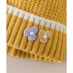 Babyhug Woollen Cap With Floral Applique Bow On Top Yellow - Diameter 9 cm