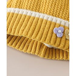 Babyhug Woollen Cap With Floral Applique Bow On Top Yellow - Diameter 9 cm