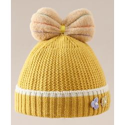 Babyhug Woollen Cap With Floral Applique Bow On Top Yellow - Diameter 9 cm