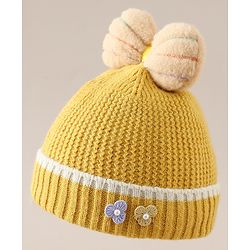 Babyhug Woollen Cap With Floral Applique Bow On Top Yellow - Diameter 9 cm