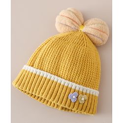Babyhug Woollen Cap With Floral Applique Bow On Top Yellow - Diameter 9 cm