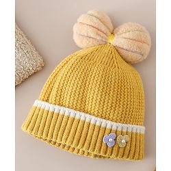Babyhug Woollen Cap With Floral Applique Bow On Top Yellow - Diameter 9 cm