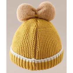 Babyhug Woollen Cap With Floral Applique Bow On Top Yellow - Diameter 9 cm