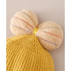 Babyhug Woollen Cap With Floral Applique Bow On Top Yellow - Diameter 9 cm
