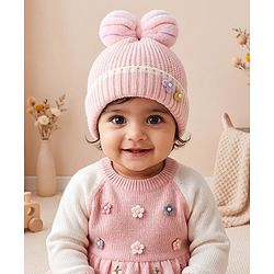 Babyhug Woollen Cap With Floral Applique Bow On Top Yellow - Diameter 9 cm