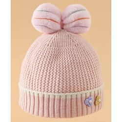 Babyhug Woollen Cap With Floral Applique Bow On Top Yellow - Diameter 9 cm