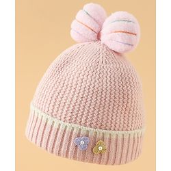 Babyhug Woollen Cap With Floral Applique Bow On Top Yellow - Diameter 9 cm