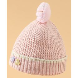 Babyhug Woollen Cap With Floral Applique Bow On Top Yellow - Diameter 9 cm