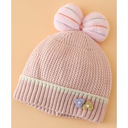 Babyhug Woollen Cap With Floral Applique Bow On Top Yellow - Diameter 9 cm