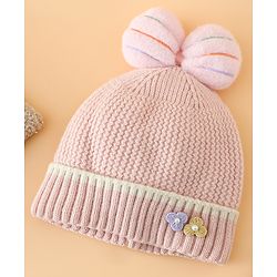 Babyhug Woollen Cap With Floral Applique Bow On Top Yellow - Diameter 9 cm