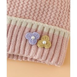 Babyhug Woollen Cap With Floral Applique Bow On Top Yellow - Diameter 9 cm