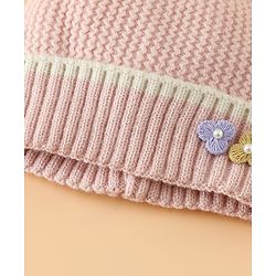 Babyhug Woollen Cap With Floral Applique Bow On Top Yellow - Diameter 9 cm