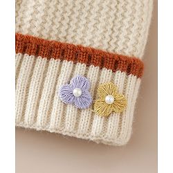 Babyhug Woollen Cap With Floral Applique Bow On Top Yellow - Diameter 9 cm