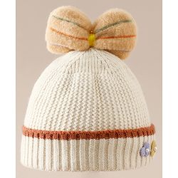 Babyhug Woollen Cap With Floral Applique Bow On Top Yellow - Diameter 9 cm