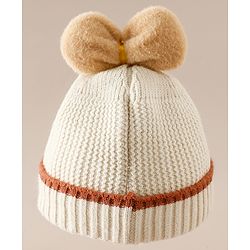 Babyhug Woollen Cap With Floral Applique Bow On Top Yellow - Diameter 9 cm