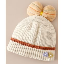 Babyhug Woollen Cap With Floral Applique Bow On Top Yellow - Diameter 9 cm