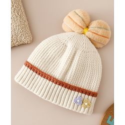 Babyhug Woollen Cap With Floral Applique Bow On Top Yellow - Diameter 9 cm