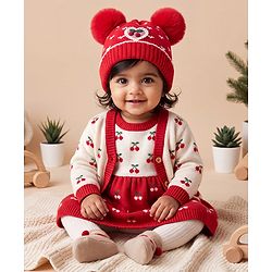 Babyhug Woollen Pom Pom Cap With Heart Print Red Diameter 11 cm