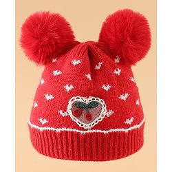 Babyhug Woollen Pom Pom Cap With Heart Print Red Diameter 11 cm