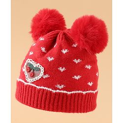 Babyhug Woollen Pom Pom Cap With Heart Print Red Diameter 11 cm