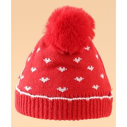 Babyhug Woollen Pom Pom Cap With Heart Print Red Diameter 11 cm