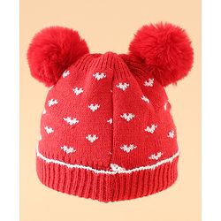 Babyhug Woollen Pom Pom Cap With Heart Print Red Diameter 11 cm