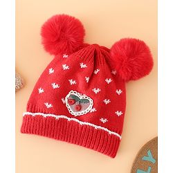 Babyhug Woollen Pom Pom Cap With Heart Print Red Diameter 11 cm