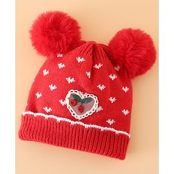 Babyhug Woollen Pom Pom Cap With Heart Print Red Diameter 11 cm