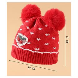 Babyhug Woollen Pom Pom Cap With Heart Print Red Diameter 11 cm