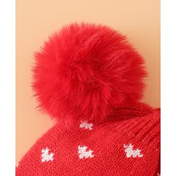 Babyhug Woollen Pom Pom Cap With Heart Print Red Diameter 11 cm