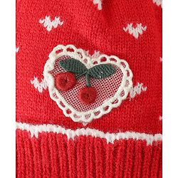Babyhug Woollen Pom Pom Cap With Heart Print Red Diameter 11 cm