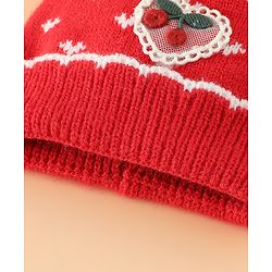 Babyhug Woollen Pom Pom Cap With Heart Print Red Diameter 11 cm