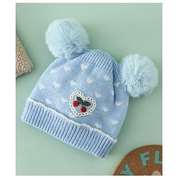 Babyhug Woollen Pom Pom Cap With Heart Print Red Diameter 11 cm