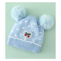 Babyhug Woollen Pom Pom Cap With Heart Print Red Diameter 11 cm