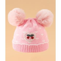 Babyhug Woollen Pom Pom Cap With Heart Print Red Diameter 11 cm